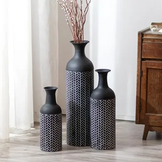 Sziqiqi Bodenvase Groß Schwarze: 68/51/41cm Hohe Metall Bodenvasen Set of 3 Riesigen Bodenvasen Vintage Bodenvase für Pampasgras Extra Große Bodenvasen für Wohnzimmer Kamin Flur Ecke Büro