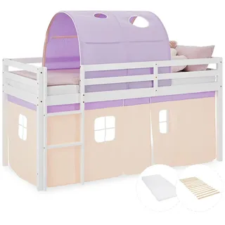 Homestyle4u Hochbett 90 x 200 cm Kiefer massiv lackiert lila/orange