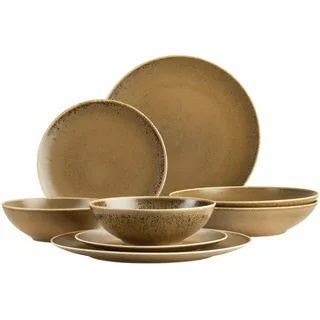 MÄSER 935273 Grumpy, Geschirrservice made in Portugal, hochwertiges 8-teiliges Kombi-Geschirr Set; Teller, Gourmetteller und Schüssel mit Reaktivglasur in edel schimmerndem Gold Braun, Porzellan