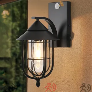 Pageone Schwarz Außenlampe mit Bewegungsmelder Vintage, 3 Beleuchtungmodi Aussenlampe wand mit Bewegungsmelder, E27 Außenleuchte aus aus Metall Käfig und Glas Schirm, Aussen Lampe für Haus (Schwarz) ﻿