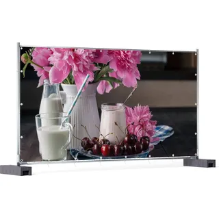 Wallario XXL Outdoor-Poster für Garten oder Balkon, Motiv Milch mit Kirschen zum Frühstück mit rosa Blumenarrangement, in ca. 340 x 173 cm - Rosa