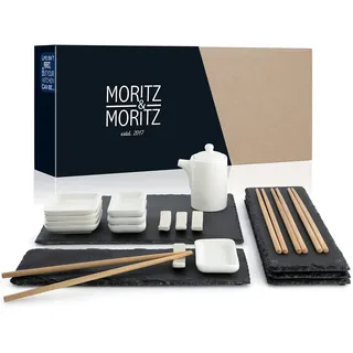 Moritz & Moritz 22-tlg. Sushi Geschirr Set für 4 Personen - Servierset mit 4x Teller, 1x Servierplatte, 4x Dip-Schälchen, 4x Paar Stäbchen u.v.m.