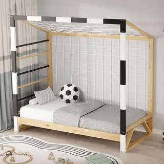 ML-Design Kinderbett Fußballtor 80x160 cm Holzbett mit Lattenrost Kletterleiter & Netz Jugendbett aus Kiefernholz Einzelbett für Kinder Handballtor - Weiß