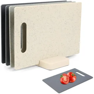 Schneidebrett Set mit Ständer, 4 Stück Frühstücksbrettchen mit Ständer, Schneidebretter Kunststoff Schneidebretter Set Küchenbrett Frühstücksbrettchen Spülmaschinenfest, Cutting Board Set mit Sockel