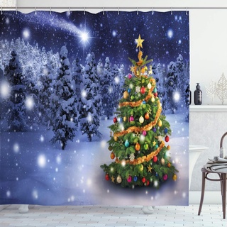 ABAKUHAUS Weihnachten Duschvorhang, Elf Noel Theme winterliche, Stoffliches Gewebe Badezimmerdekorationsset mit Haken, 175 x 200 cm, Indigo Grün