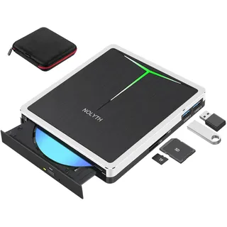 NOLYTH Externes Blu ray Laufwerk USB C, Bluray Brenner Extern USB 3.0 mit SD/TF Slot/USB Ports/Tasche, Tragbar Externe Blu-ray CD DVD Laufwerke für Laptop PC Mac Windows 11 MacBook Linux, Ultra HD 3D