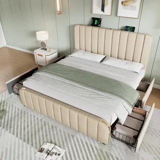Flieks Polsterbett 180x200cm mit Ladefunktion (USB, Typ-C), Doppelbett Stauraumbett mit 4 Schubladen, Jugendbett Funktionsbett, Leinen, Beige - Beige