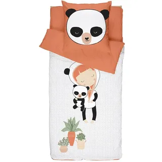 Caradou Kinderbettwäsche MISS PANDA, 3-teilig ohne Bettdecke, 90x190 cm, Baumwolle, Orange