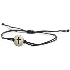 MIZZE Made for Luck Edelstahl Religiöse Charms auf Double Black String verstellbare Armband Männer & Frauen - wasserdicht, Nicht allergische Schmuck (Kreuz)
