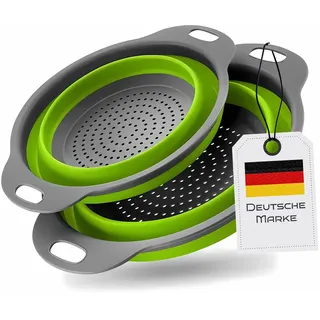 Faltbarer Seiher Sieb, Küche Silikon Klappbar Abtropfsieb Nudelsieb Set, Küchensieb Abwaschschüssel von Nudeln, Obst, Gemüse, 2 Größe (24.5+29.2cm) (Grün)