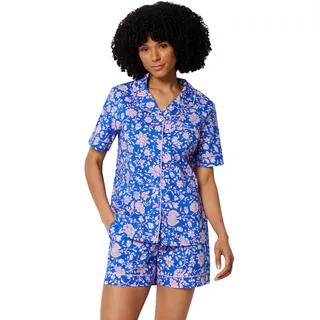 Amazon Essentials Damen-Pyjama-Set aus Baumwoll-Stretch-Popeline, kurzärmelig, Knopfleiste mit Shorts, blaues Paisleymuster, Größe M