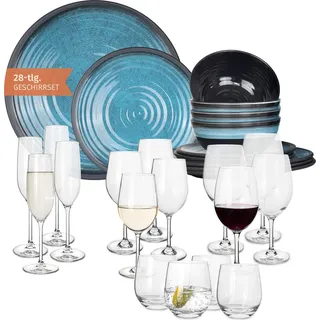 Melamin Camping Geschirr Set 4 Personen Stone Blue + 16 Tiamo Gläser Wassergläser Weingläser Champagner-Gläser Flûtes Tafelgeschirr Picknick BBQ Kochgeschirr