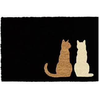 CKB LTD Bedruckte Fußmatte mit zwei sitzenden Katzen, vorne und hinten, aus rutschfester Kokosfaser, für drinnen und draußen (Schwarz/Hellweiß)
