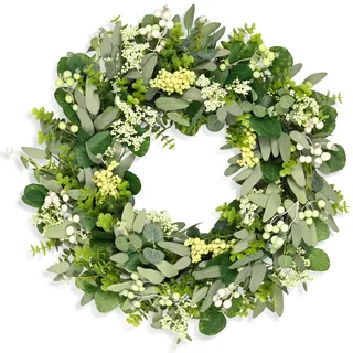 COLORSPEC Eukalyptus-Kranz für die Haustür, 61 cm/24 Zoll Frühlings-Sommer-Ganzjahreskranz, Buchsbaum-Eukalyptus-Türkranz, Dekoration für draußen drinnen Bauernhaus Hochzeit Zuhause Wand Kamin