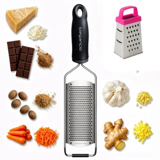 ELEGANCIO Edelstahl Käsereibe + gratis Mini Reibe Parmesanreibe Küchenreibe feine Ingwerreibe Muskatnuß Reibe Multireibe Zitronen Zester Handreibe mit Schutzabdeckung (Schwarz)