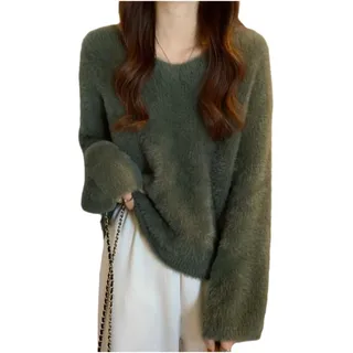 Generisch Damen Lazy Style V-Ausschnitt Pullover aus Weich Fleeceimitat Flauschige Mohair Pullover Lockeres Stylisches Strickpullover Feinstrickpullover Damen