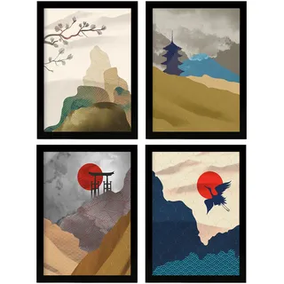 Nacnic Poster-Set, Japan, Harmonie, Poster und Illustrationen mit östlicher Ästhetik, Design und Dekoration, A4, ohne Rahmen, 4 Stück