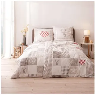 MTOnlinehandel TRAUMHELDEN Landhaus Stil Bettwäsche 135x200 + 80x80 cm · Karo Herz Hirsch Sterne · 100% Baumwolle in Renforce · Vintage Bettwäsche-Set