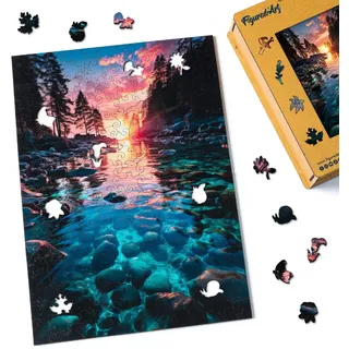 Figured'Art Holzpuzzle Erwachsene und Kinder 200 Teile - Sonnenuntergang über dem Crystal Lake - Originelles Design 23x32,4 cm Einzigartige Form mit Premium-Holzkiste