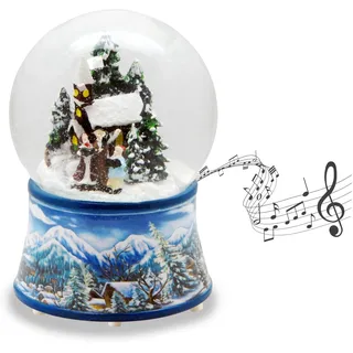 Schneekugel Weihnachten Weihnachtsspaziergang | Sockel Winterlandschaft hellblau | mit Spieluhr | H:14 cm B: 10 cm | Schüttelkugel | 20274
