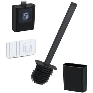 Relaxdays Toilettenbürste Wandmontage, zum Kleben, HxBxT: 35,5 x 9,5 x 4 cm, WC-Bürste mit Halter, Kunststoff, schwarz