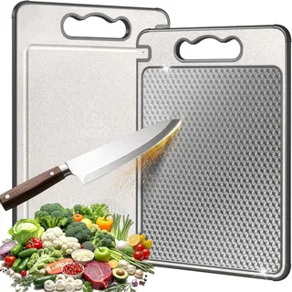 BEJAGWUS Titan Schneidebrett mit Auffangschale & Messerschärfer,S304 Edelstahl Schneidebrett Doppelseitiges Lebensmittel Grade Cutting Board,Schneidbrett für Fleisch,Gemüse Obst & Brot (36,5 * 25 cm)