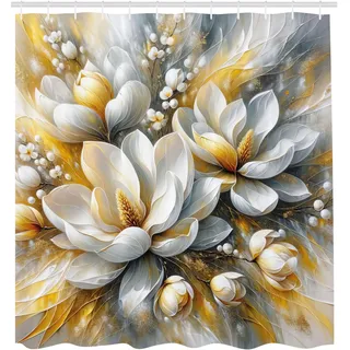 ABAKUHAUS Gelb Duschvorhang, Moderne Interpretation von Magnolienblüten mit träumerischer Atmosphäre Frühling, Stoffliches Gewebe mit Haken, 175 x 200 cm, Blasses Orange Blaugrau