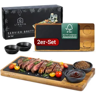 LIKAYA Steak- & Servierbrett 'Luis' 2er-Set – FSC Akazienholz mit Schieferplatte & Dipschalen – Grillbrett für Steak, Burger, Sushi BBQ-Fans