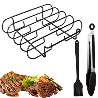 Spareribs Halter Grill, Edelstahl Rippchenhalter, BBQ Rib Rack mit Öl-Pinsel und Grillzange, Geeignet für Gas- und Holzkohlegrill, Backofen, zum Grillen von Steaks, Rippchen, Grillhähnchen