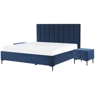 BELIANI Bett mit 2 Nachttischen Marineblau Samtstoff Gesteppt mit Hohem Kopfteil Bettkasten Lattenrost 140x200cm Hochklappbar Schlafzimmer Komplett Set - Blau, Schwarz