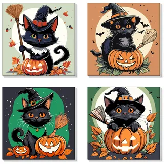 Lxmsja 4 Stück Halloween Malen Nach Zahlen Erwachsene Kinder mit Rahmen, Katze Malen Nach Zahlen ab 7 8 9 10 Jahre Mädchen, Diy Set Erwachsene Acrylfarben Ölgemälde Leinwand für Home Décor, 20x20cm