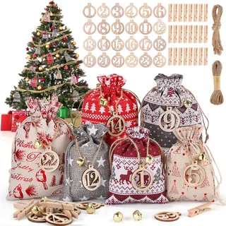 DazSpirit 24 Adventskalender zum Befüllen 2025, DIY Adventskalender Säckchen Stoffbeutel mit Holzklammern, Hanfseil, Glocken und Holzzahlen, Weihnachtskalender Selberfüllen für Zuhause & Wohnraum