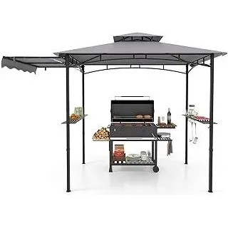 COSTWAY Grillpavillon mit Seitenmarkise, Doppeldach, 2 Seitenregalen & Haken, Gartenpavillon BBQ Pavillon, Grillüberdachungen wetterfest, Grillunterstand Garten Partys, 318x153x250 cm (Grau)