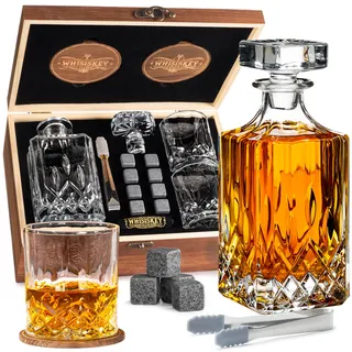 WHISISKEY Whiskey Karaffe Set - Whiskey Geschenkset - Geschenke für Männer - Männergeschenke Geschenk - Geburtstagsgeschenk Mann - Klassische Dekanter 700ML, 2 Whisky Gläser, 8 Whisky Steine