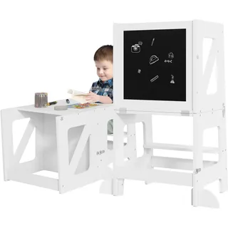 WOLTU Lernturm 3 in 1, Tritthocker Kinderhocker Kindertisch Tafel, Lernturm für Kinder, Küchenhelfer mit Rausfallschutz, faltbar, ab 3 Jahr, Weiß