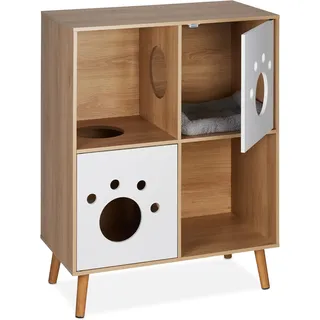 Relaxdays Katzenschrank XXL, 4 Fächer, HBT 96x75x40cm, Katzenkloversteck & Schlafplatz, Katzenkommode Indoor, Natur/weiß