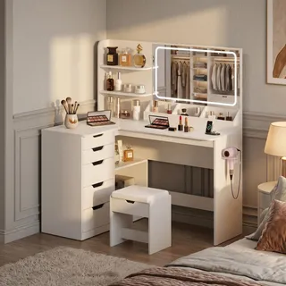 JUMMICO Schminktisch mit Spiegel und Licht, Eck Schminktisch L Hocker mit Beleuchtung LED 3 Farben, Make Up Table 120 breit mit 5 Schubladen und Steckdosen, Reinweiß