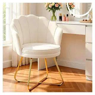 Schminktischstuhl aus Samt mit goldenen Metallbeinen, beiger Vanity Sessel, eleganter Loungesessel, Armlehnstuhl für Schlafzimmer und Wohnzimmer