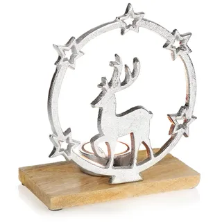 com-four® Teelichthalter mit Rentier-Motiv - Weihnachtlicher Kerstenständer mit Holz-Sockel - dekorativer Kerzenhalter Weihnachten - Weihnachtsdeko (Rentier mit Sockel)