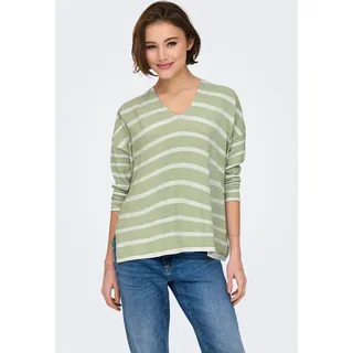 Strickpullover ONLY "ONLAMALIO LIFE LS V-NECK KNT", Damen, Gr. S, grün (desert sage stripes:mel, cloud dancer), Strick, Obermaterial: 100% Polyester, gestreift, oversize, V-Ausschnitt, Pullover Strickpullover
