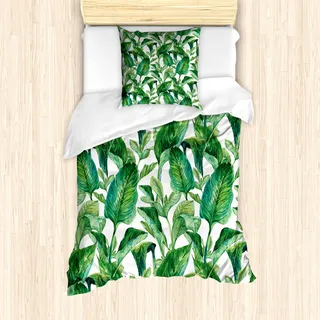 ABAKUHAUS Blatt Bettbezug Set für Einzelbetten, Aquarelle Bananenbaum Blätter, Milbensicher Allergiker geeignet mit Kissenbezug, Dunkelgrün Mehrfarbig