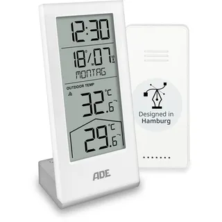 ADE Funkuhr digital mit Temperaturanzeige und Außensensor | Thermometer für Innen- und Außentemperatur | Trendanzeige | Tischuhr mit Datum und Wochentag | inkl. Batterien | weiß