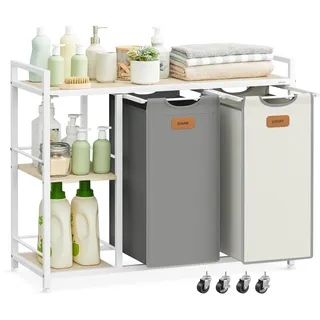 VASAGLE Wäschekorb 2 Fächer, Wäschesammler 100 L, Wäschesortierer, Rollen, Wäschewagen mit Ablagen, Wäschesack, mit abnehmbaren Taschen, 6 Etiketten, naturbeige-taubengrau-cremeweiß BLH311G01