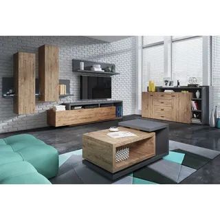 Wohnwand inkl. Sideboard Couchtisch und LED Beleuchtung BEXLEY-83 in Eiche Ribbeck Nb. mit Absetzungen in anthrazit, B/H/T: ca. 300/200/45 cm - Braun