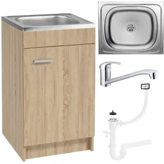 Stamar | Küchenschrank, mit Spüle, Eiche Sonoma, 50 cm, mit Armatur und Siphon - Bronze