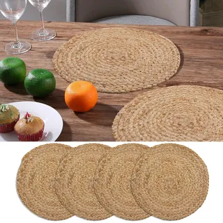 Craft Trade Handgewebt Geflochten Natür Jute Tischset Reversibel Rund Tisch Tischmatte Set Rustikal Vintage Jute-Tischsets für Dekor Küche und Esstisch- 4er-Set