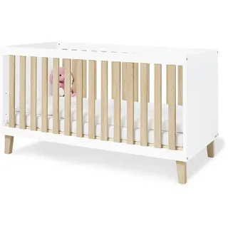 Pinolino Gitterbett , Weiß, Eichefarben , Holz, Holzwerkstoff , Eiche , massiv , 140x70 cm , zum Juniorbett umbaubar, höhenverstellbar, zum Sitzsofa umbaubar, Lattenrost inklusive, Schlupfsprossen , Babymöbel & Kindermöbel, Babyzimmer, Babybetten, Gitterbetten