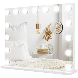 Homcom Hollywood Spiegel mit Beleuchtung, Schminkspiegel mit 15 LED Licht, Dimmbar Kosmetikspiegel 10x Vergrößerung, USB-Ladeanschluss - Weiß