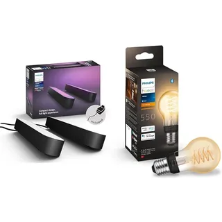 Philips Hue White & Color Ambiance Play Lightbar Doppelpack Basis-Set (500 lm) & White E27 Filament A60 550lm, warmweißes Licht, dimmbar