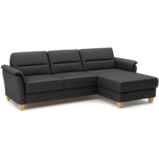 CAVADORE Leder-Eckcouch Palera mit Longchair / Landhaus-Sofa mit Federkern, Schlaffunktion + Bettkasten / 244 x 89 x 163 / Leder Schwarz